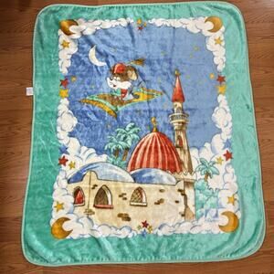Vintage Novatex Mouse Baby Blanket Arabian Nights Aladdin Blue Fleece Plush